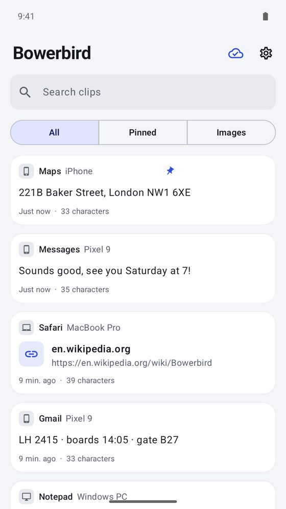 The Bowerbird history on Android