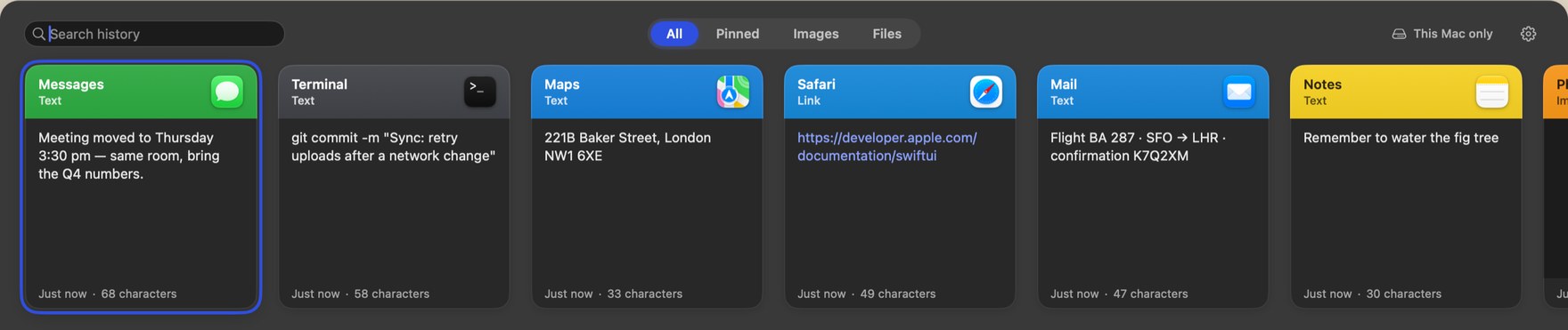 The Bowerbird strip showing recent clips from Messages, Terminal, Maps, Safari, Mail and Notes
