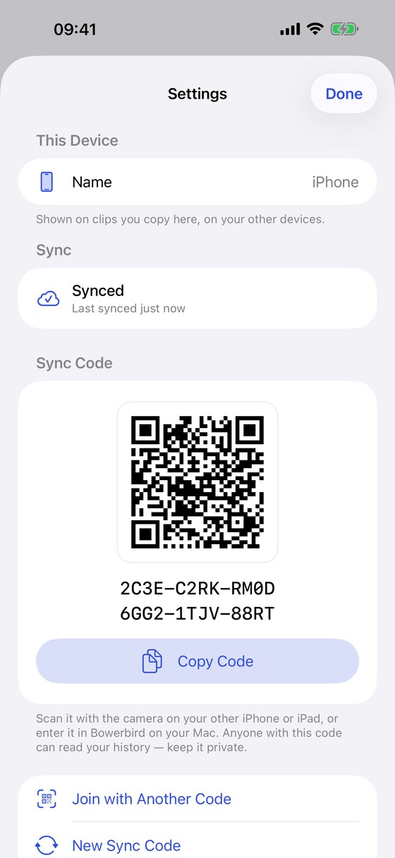 The sync code screen in Bowerbird settings
